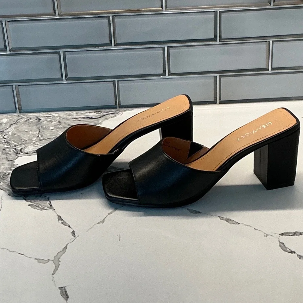 Lisa Vicky Vital-V Black Sheep Nappa Leather Square Toe Block Heel Sandals 7.5M‎